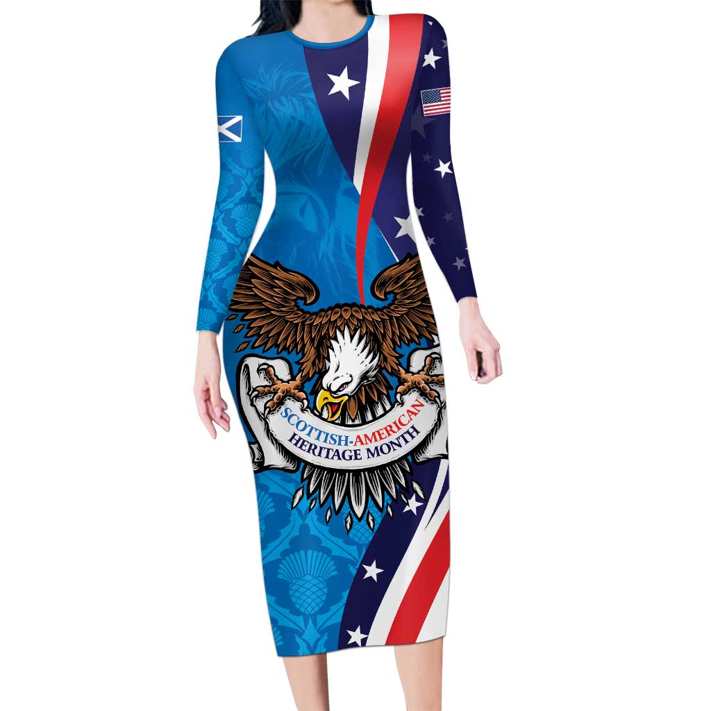 Scottish-American Heritage Month Personalized Long Sleeve Bodycon Dress Highland Cow and USA-eagle