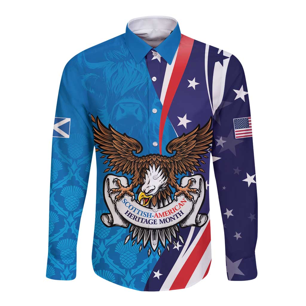 Scottish-American Heritage Month Personalized Long Sleeve Button Shirt Highland Cow and USA-eagle