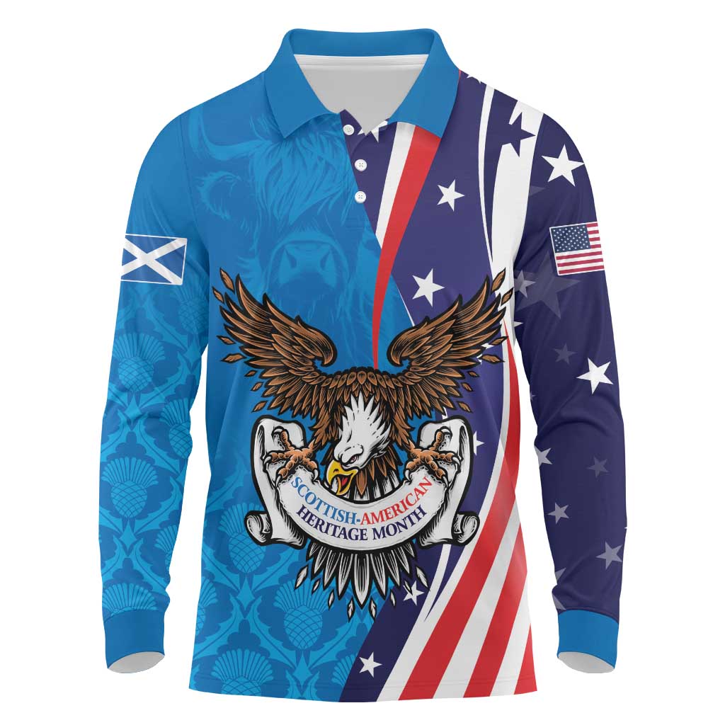 Scottish-American Heritage Month Personalized Long Sleeve Polo Shirt Highland Cow and USA-eagle
