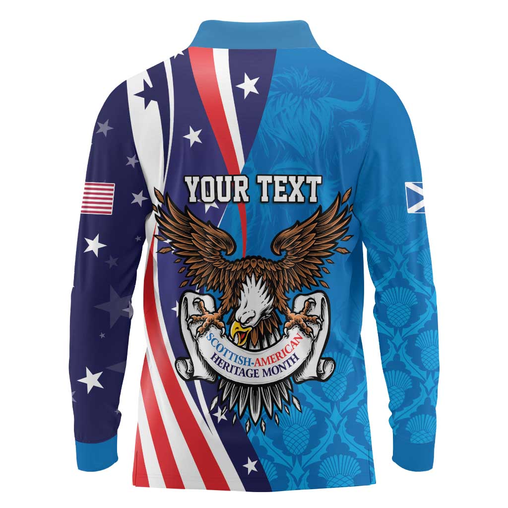 Scottish-American Heritage Month Personalized Long Sleeve Polo Shirt Highland Cow and USA-eagle