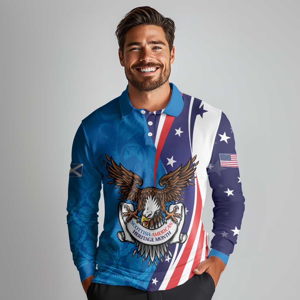 Scottish-American Heritage Month Personalized Long Sleeve Polo Shirt Highland Cow and USA-eagle