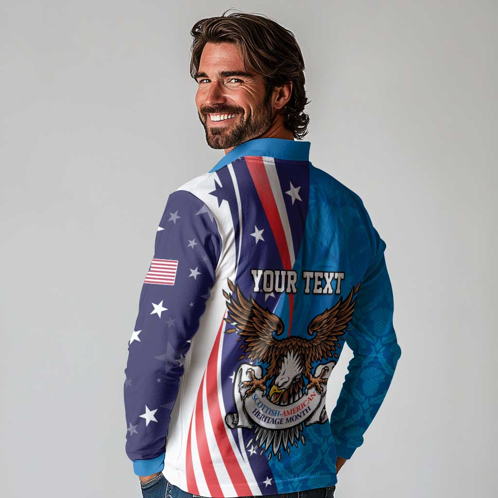 Scottish-American Heritage Month Personalized Long Sleeve Polo Shirt Highland Cow and USA-eagle