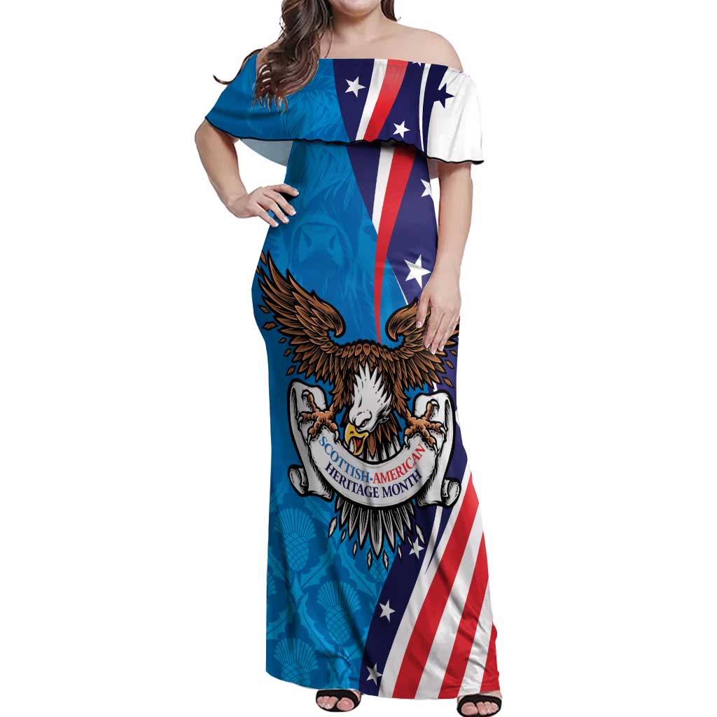 Scottish-American Heritage Month Personalized Off Shoulder Maxi Dress Highland Cow and USA-eagle