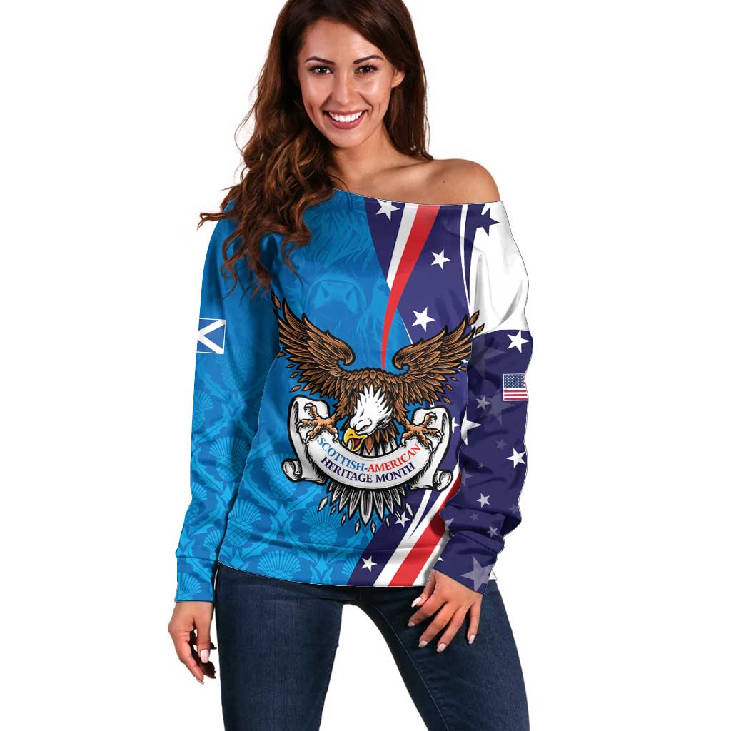 Scottish-American Heritage Month Personalized Off Shoulder Sweater Highland Cow and USA-eagle