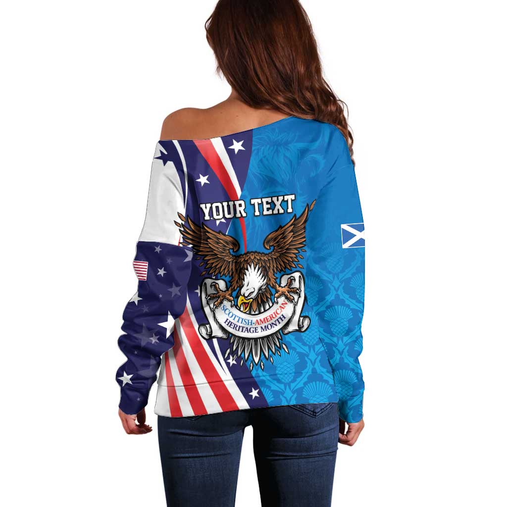 Scottish-American Heritage Month Personalized Off Shoulder Sweater Highland Cow and USA-eagle