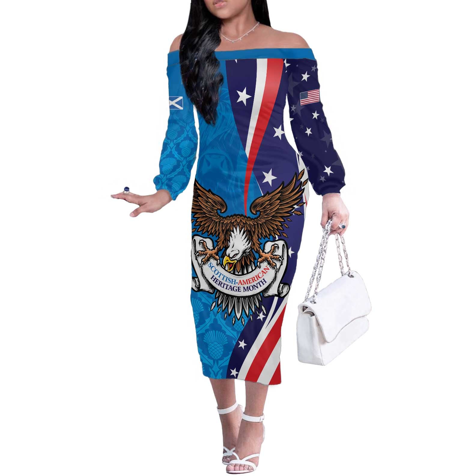 Scottish-American Heritage Month Personalized Off The Shoulder Long Sleeve Dress Highland Cow and USA-eagle