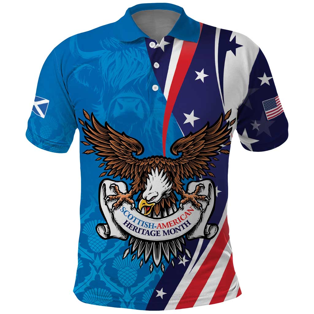 Scottish-American Heritage Month Personalized Polo Shirt Highland Cow and USA-eagle