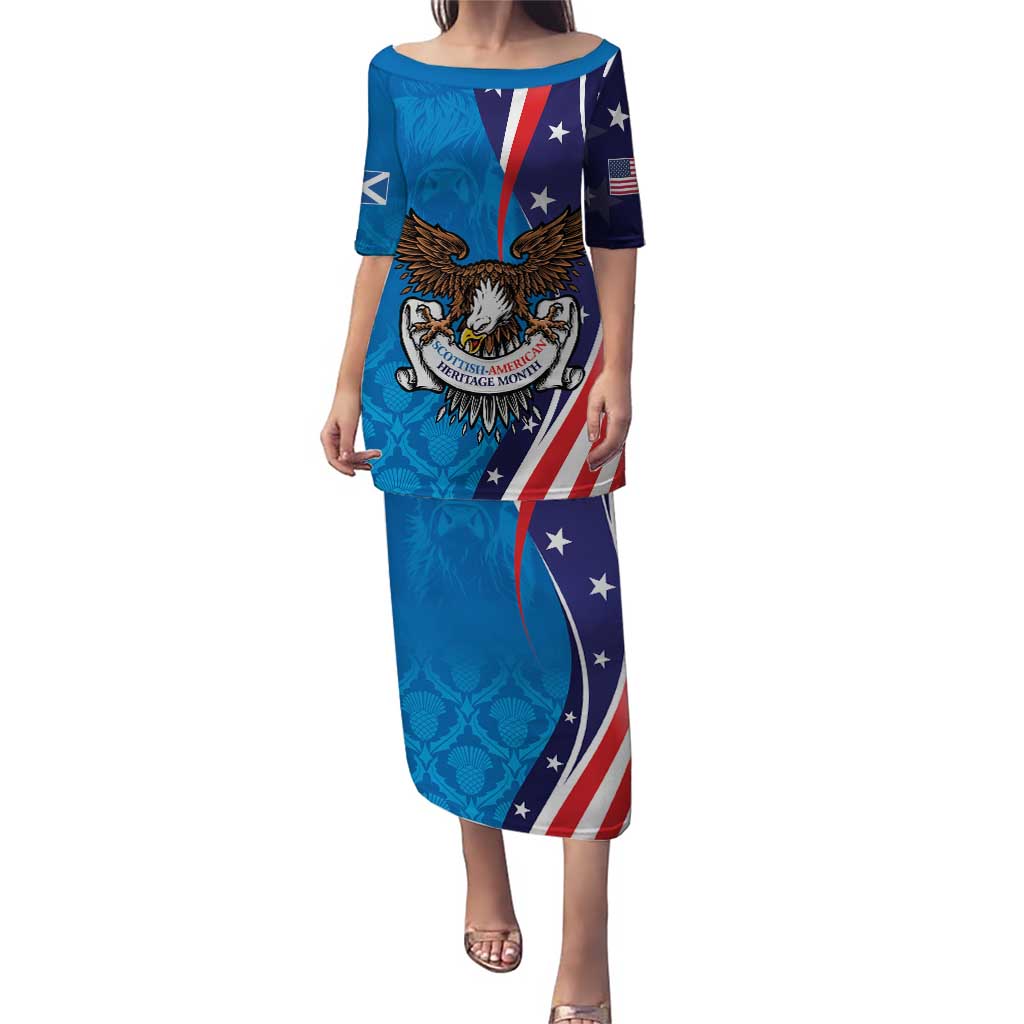 Scottish-American Heritage Month Personalized Puletasi Highland Cow and USA-eagle