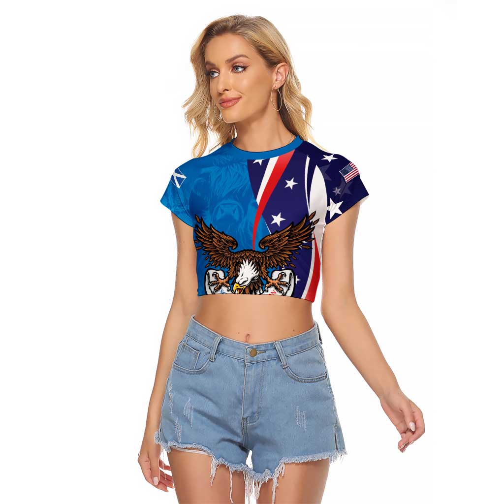 Scottish-American Heritage Month Personalized Raglan Cropped T Shirt Highland Cow and USA-eagle