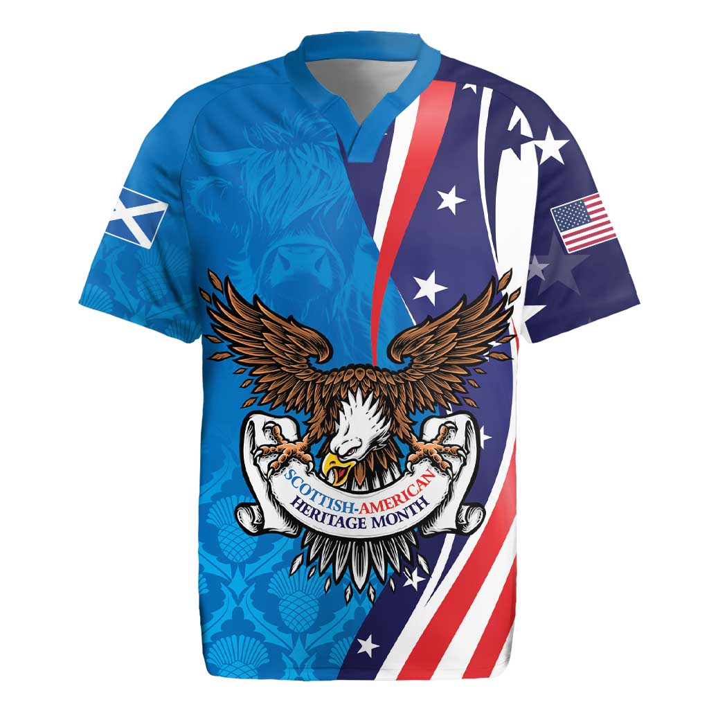 Scottish-American Heritage Month Personalized Rugby Jersey Highland Cow and USA-eagle