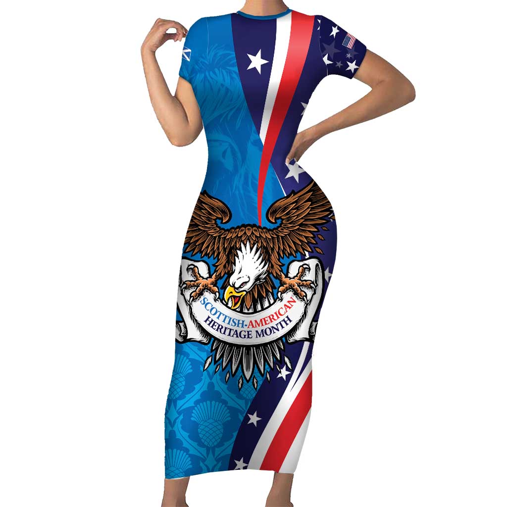 Scottish-American Heritage Month Personalized Short Sleeve Bodycon Dress Highland Cow and USA-eagle