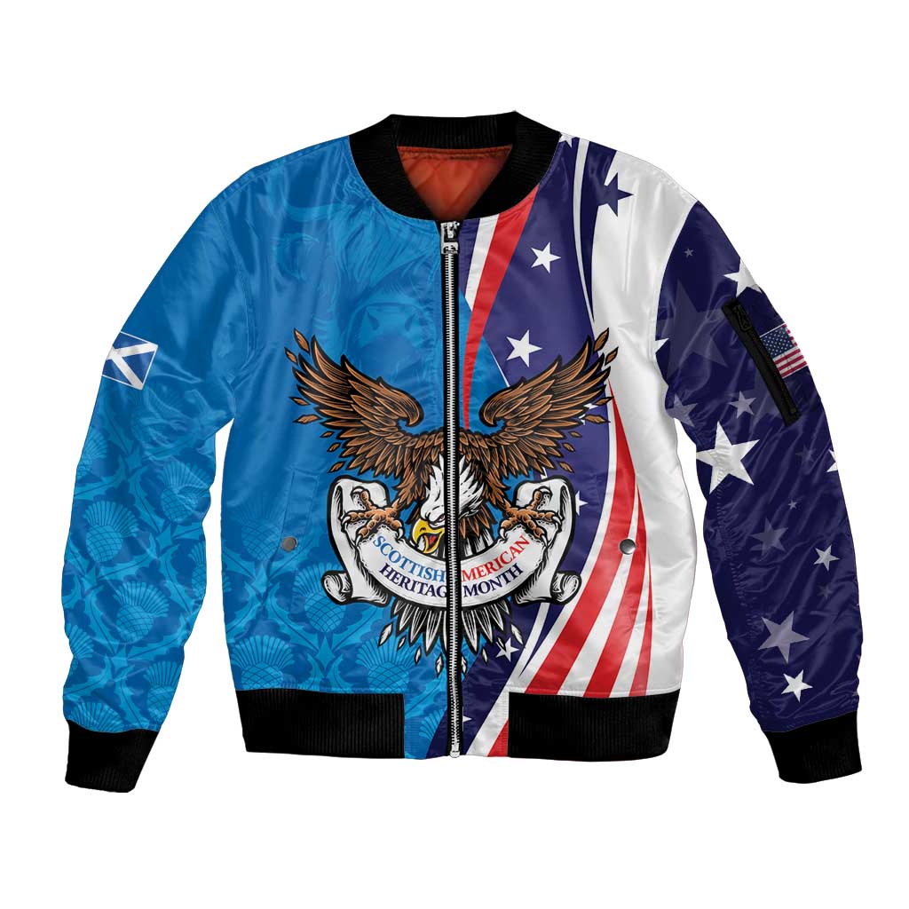 Scottish-American Heritage Month Personalized Sleeve Zip Bomber Jacket Highland Cow and USA-eagle
