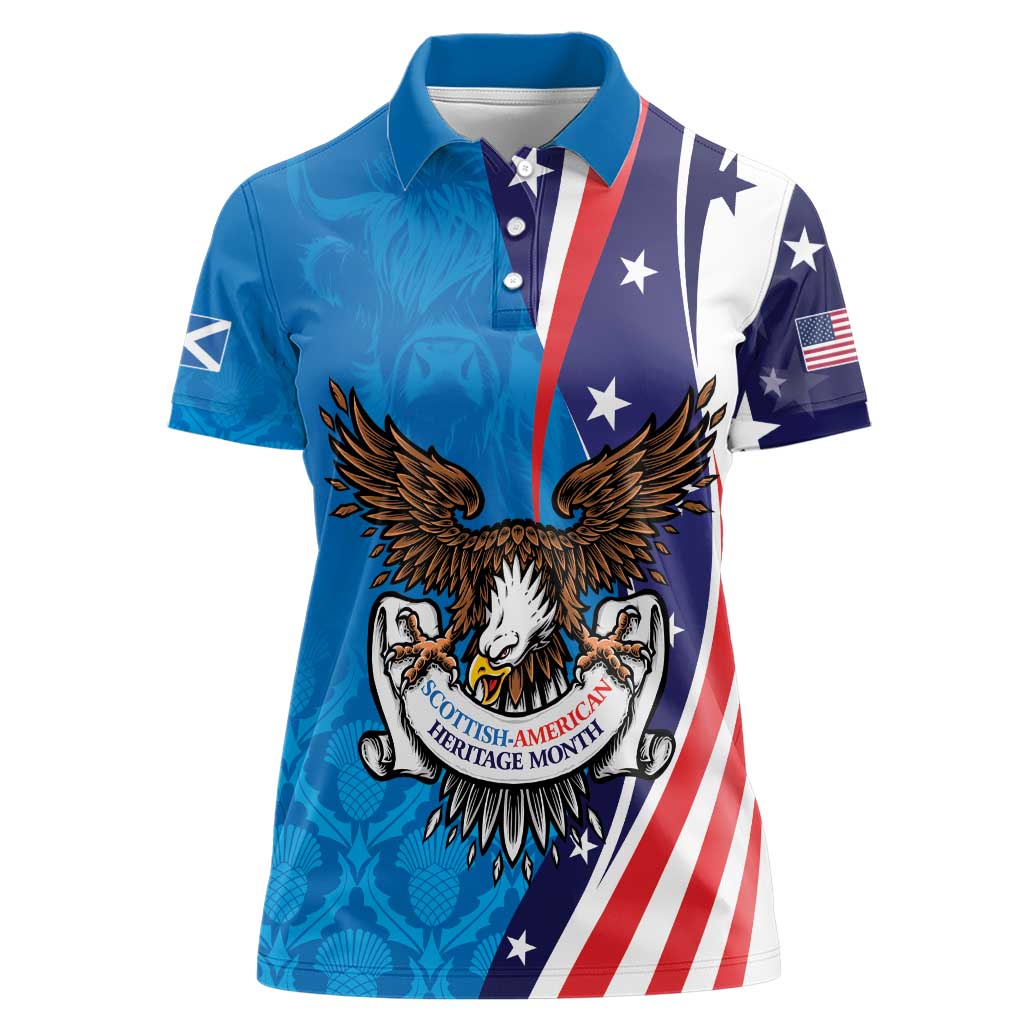 Scottish-American Heritage Month Personalized Women Polo Shirt Highland Cow and USA-eagle
