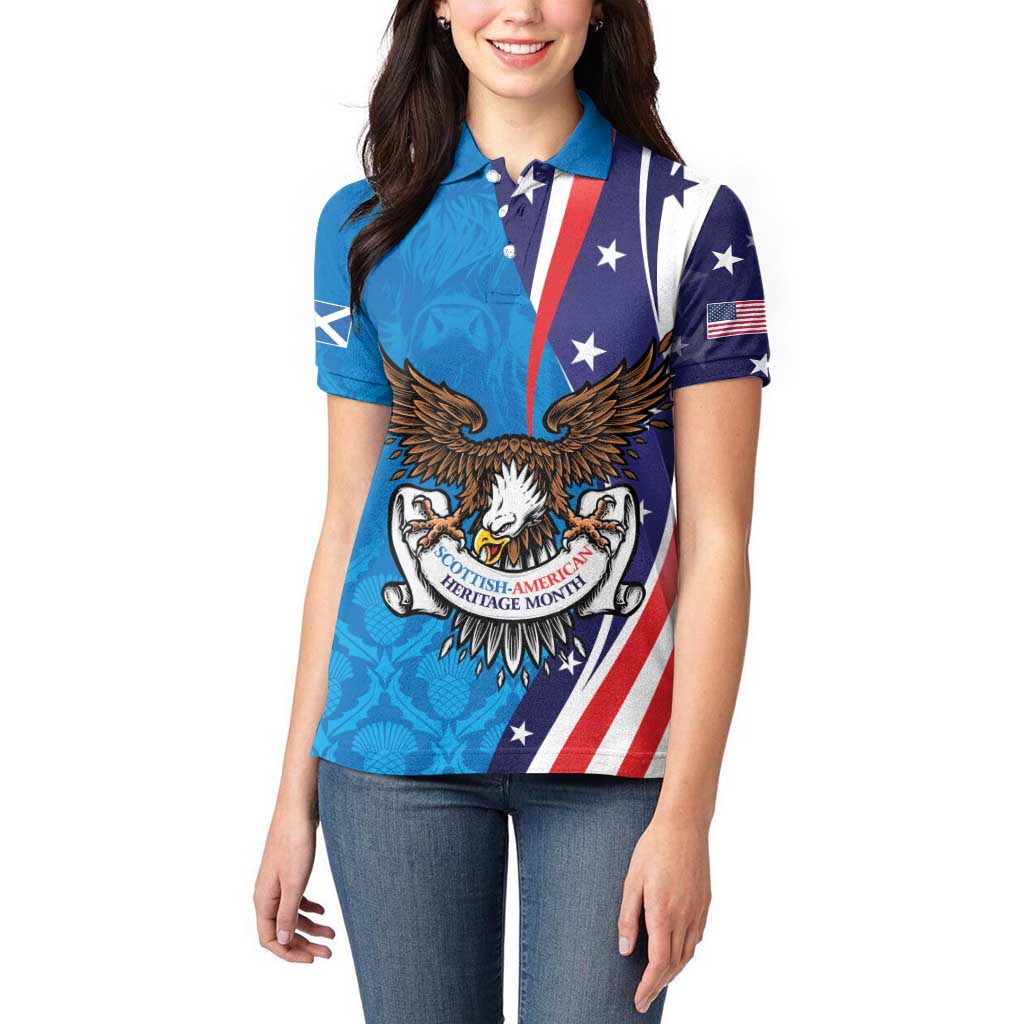 Scottish-American Heritage Month Personalized Women Polo Shirt Highland Cow and USA-eagle