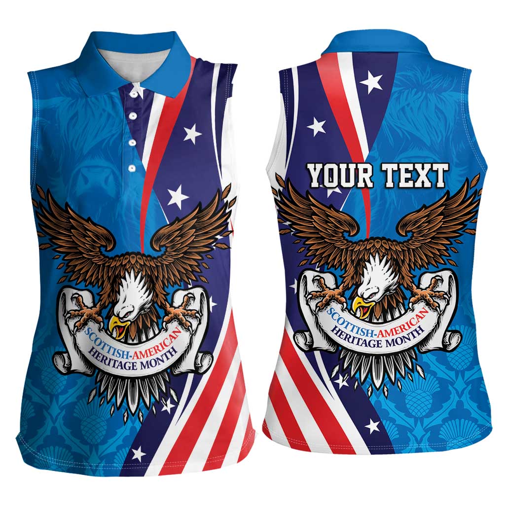 Scottish-American Heritage Month Personalized Women Sleeveless Polo Shirt Highland Cow and USA-eagle