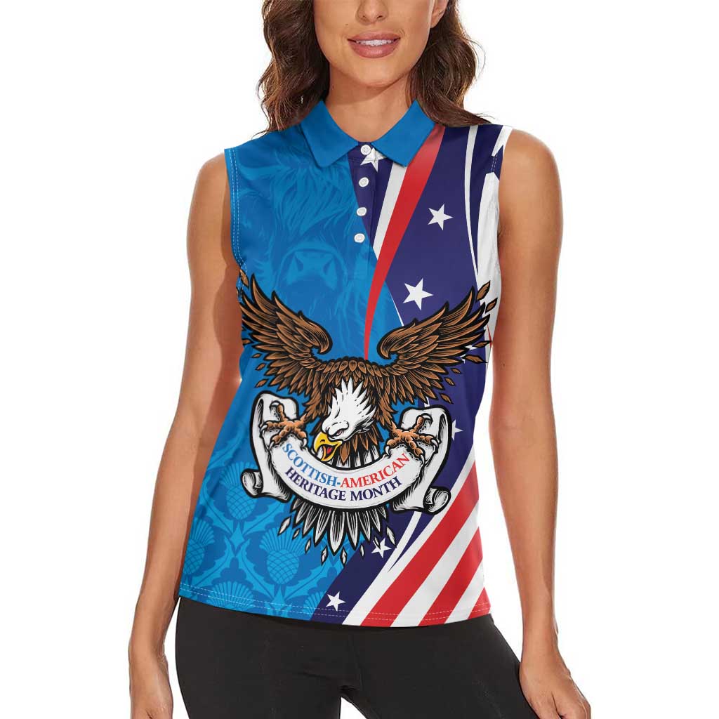 Scottish-American Heritage Month Personalized Women Sleeveless Polo Shirt Highland Cow and USA-eagle