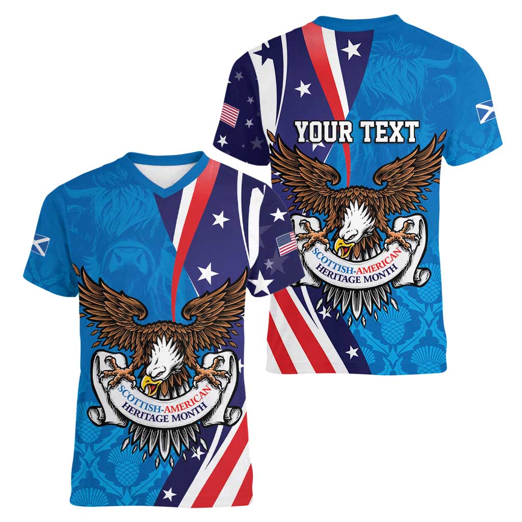 Scottish-American Heritage Month Personalized Women V-Neck T-Shirt Highland Cow and USA-eagle