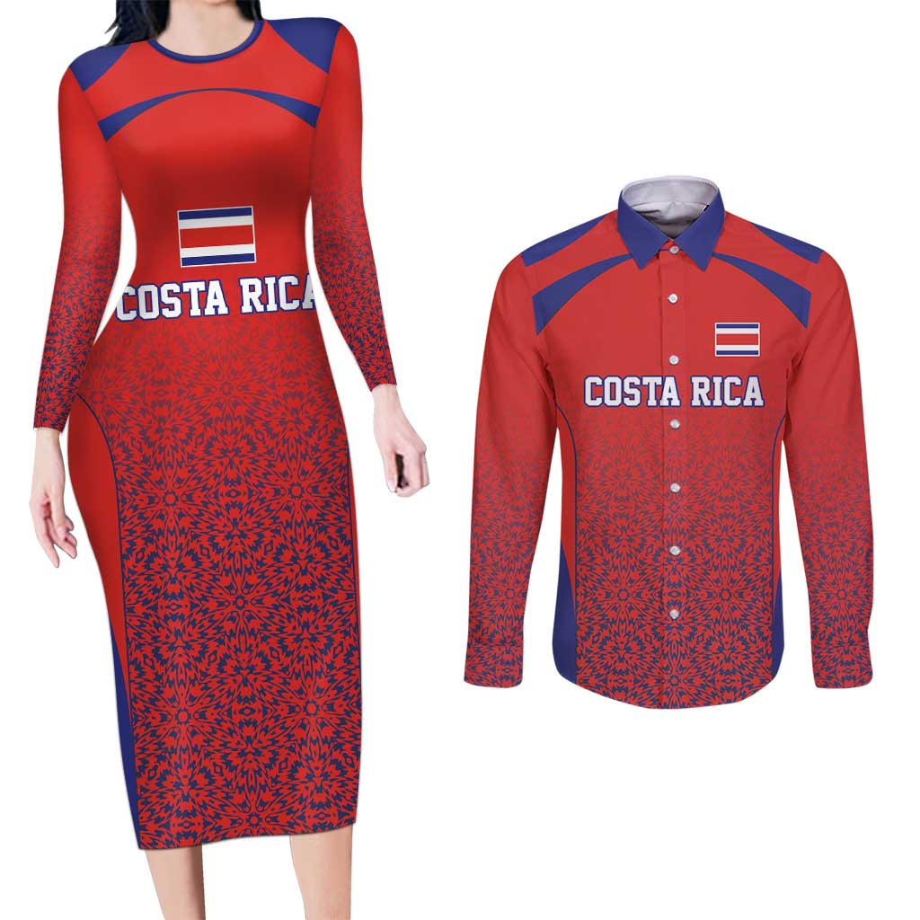 Costa Rica Football Custom Couples Matching Long Sleeve Bodycon Dress and Long Sleeve Button Shirt Los Ticos Go Champions