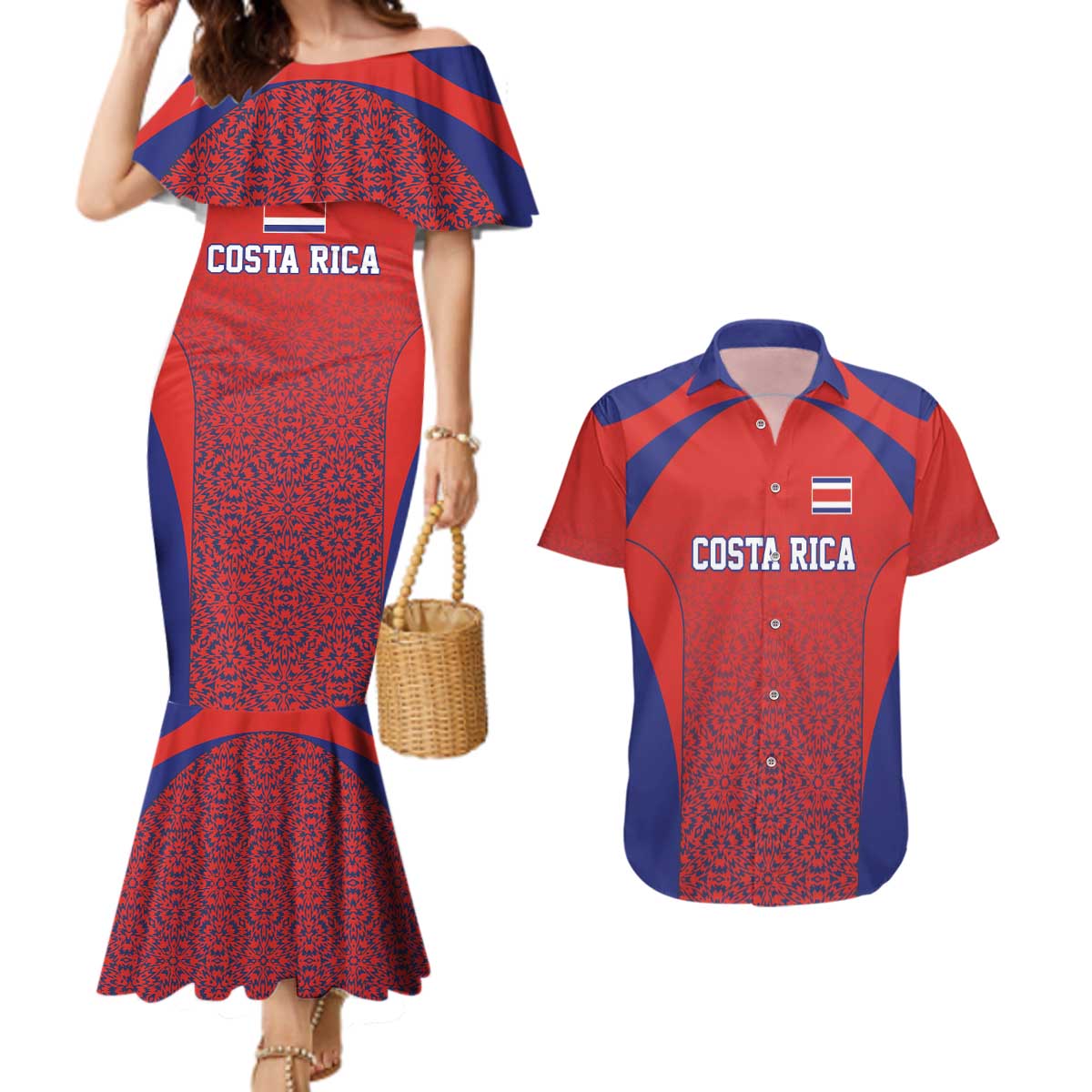 Costa Rica Football Custom Couples Matching Mermaid Dress and Hawaiian Shirt Los Ticos Go Champions