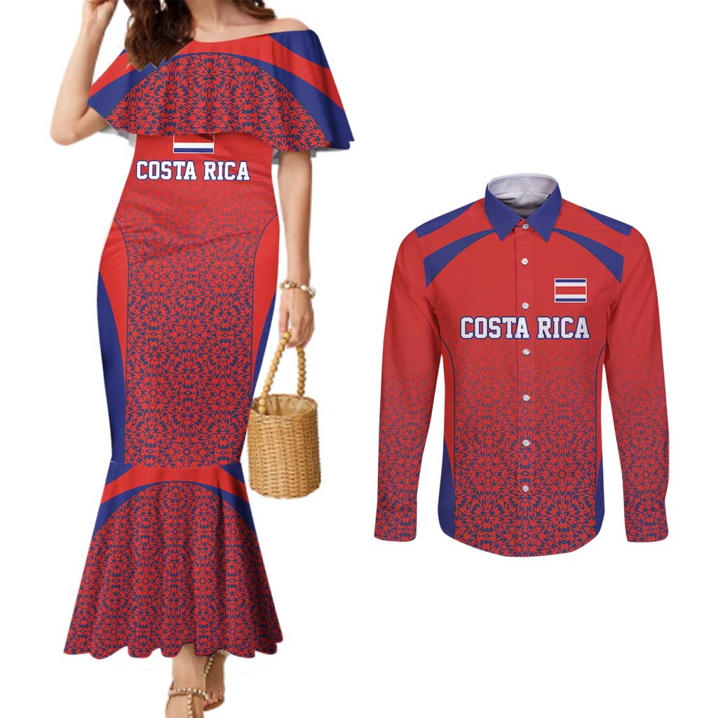 Costa Rica Football Custom Couples Matching Mermaid Dress and Long Sleeve Button Shirt Los Ticos Go Champions