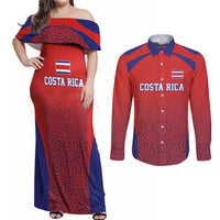 Costa Rica Football Custom Couples Matching Off Shoulder Maxi Dress and Long Sleeve Button Shirt Los Ticos Go Champions