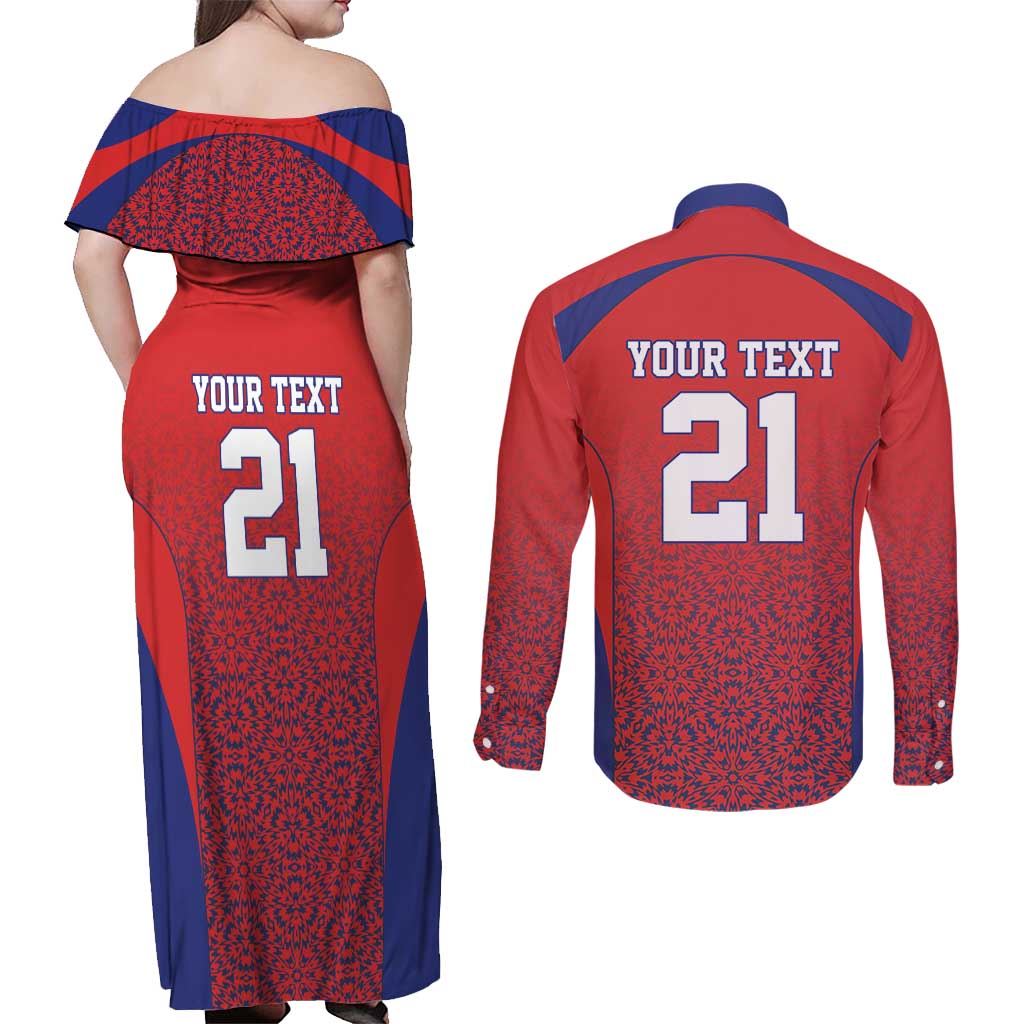 Costa Rica Football Custom Couples Matching Off Shoulder Maxi Dress and Long Sleeve Button Shirt Los Ticos Go Champions