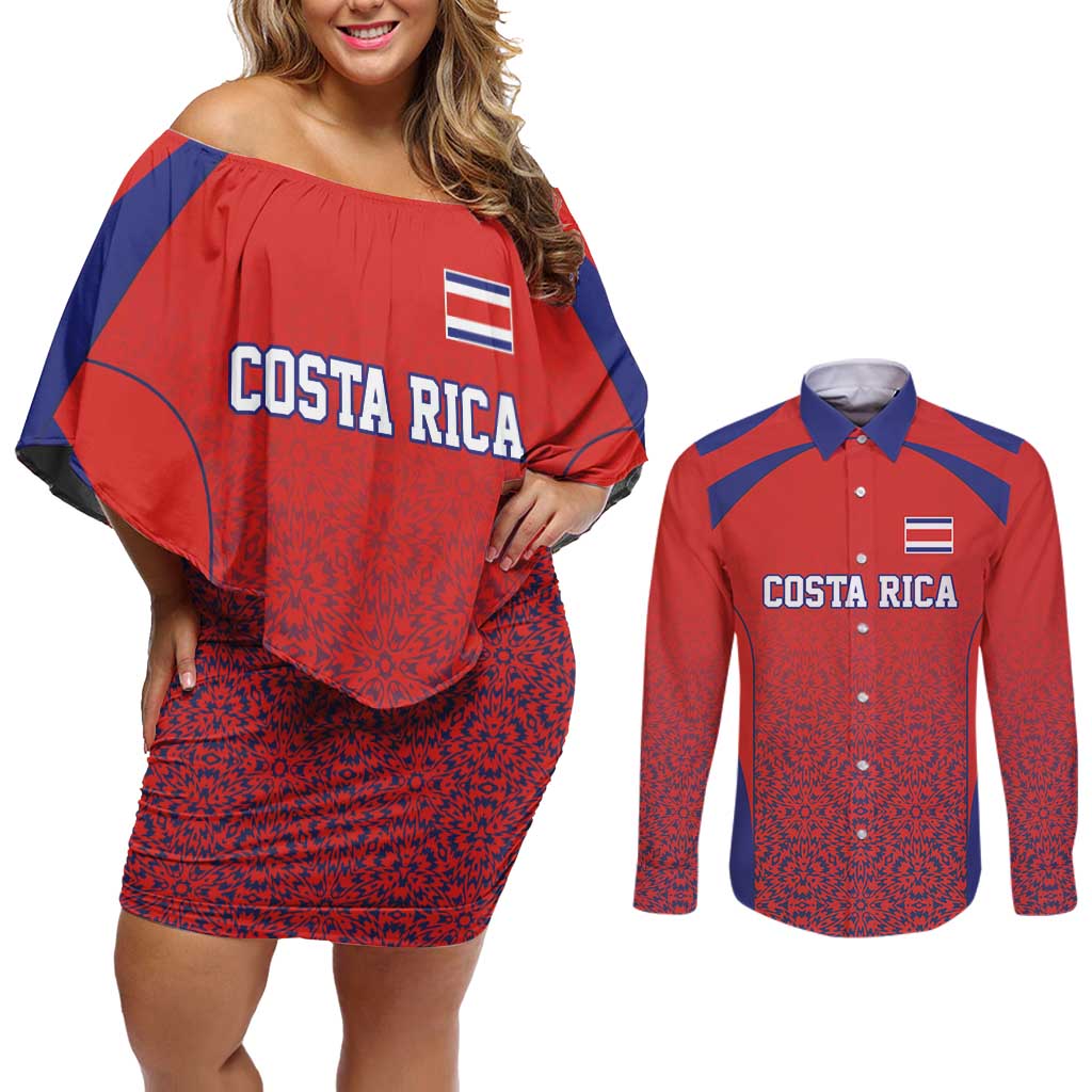 Costa Rica Football Custom Couples Matching Off Shoulder Short Dress and Long Sleeve Button Shirt Los Ticos Go Champions