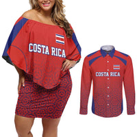 Costa Rica Football Custom Couples Matching Off Shoulder Short Dress and Long Sleeve Button Shirt Los Ticos Go Champions