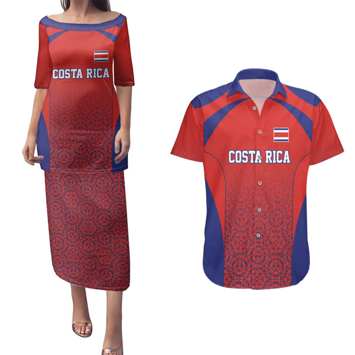 Costa Rica Football Custom Couples Matching Puletasi and Hawaiian Shirt Los Ticos Go Champions