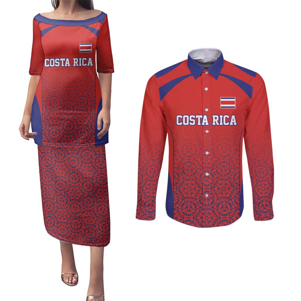 Costa Rica Football Custom Couples Matching Puletasi and Long Sleeve Button Shirt Los Ticos Go Champions