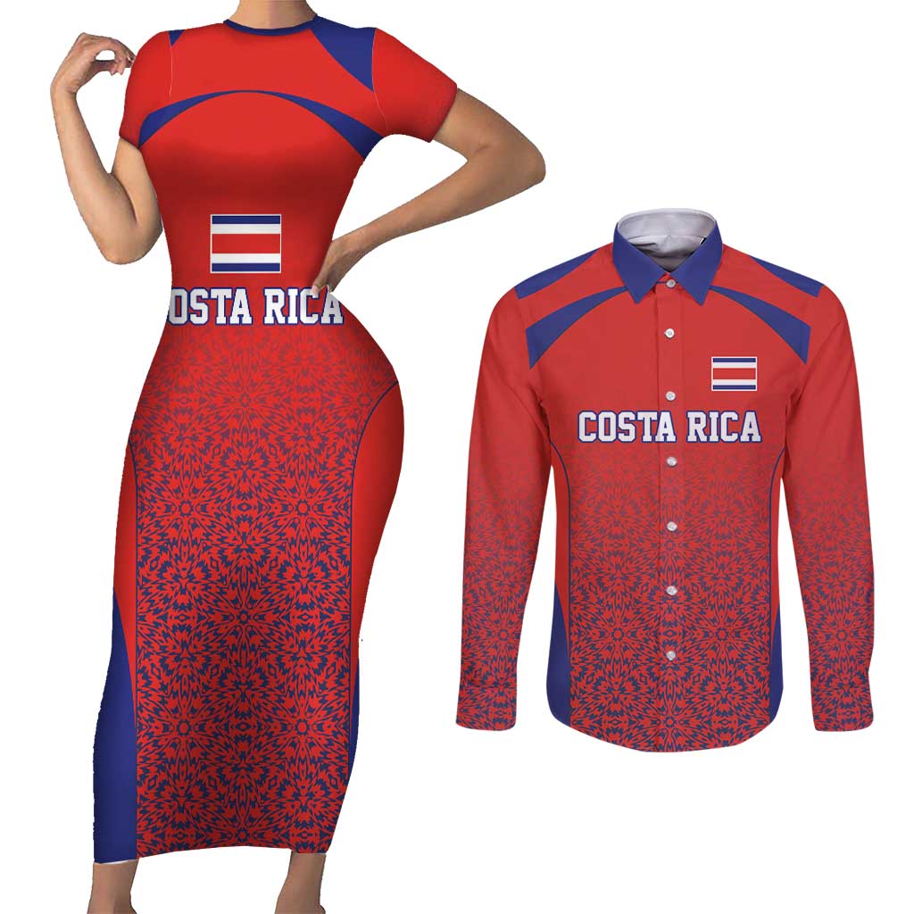 Costa Rica Football Custom Couples Matching Short Sleeve Bodycon Dress and Long Sleeve Button Shirt Los Ticos Go Champions