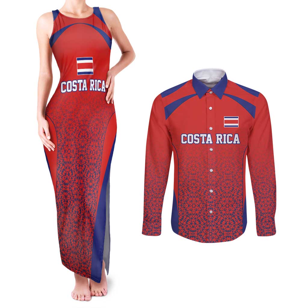 Costa Rica Football Custom Couples Matching Tank Maxi Dress and Long Sleeve Button Shirt Los Ticos Go Champions