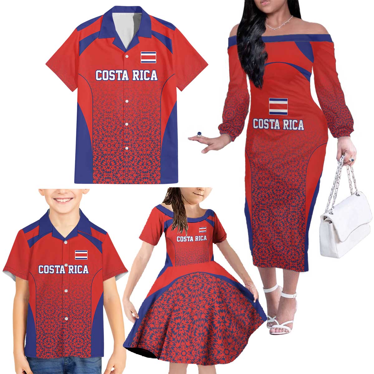 Costa Rica Football Custom Family Matching Off The Shoulder Long Sleeve Dress and Hawaiian Shirt Los Ticos Go Champions