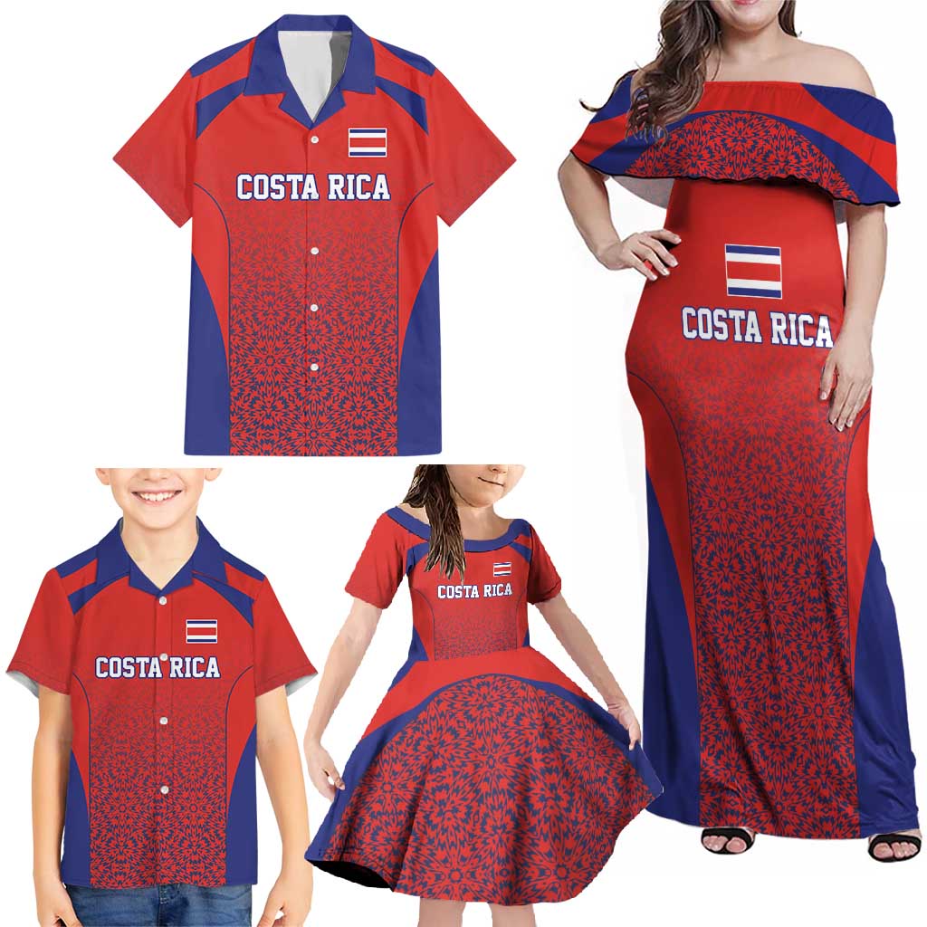 Costa Rica Football Custom Family Matching Off Shoulder Maxi Dress and Hawaiian Shirt Los Ticos Go Champions