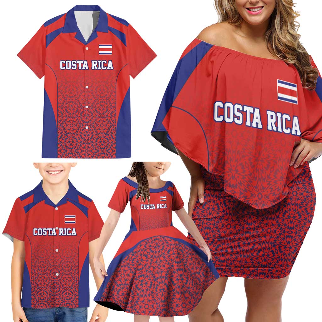 Costa Rica Football Custom Family Matching Off Shoulder Short Dress and Hawaiian Shirt Los Ticos Go Champions