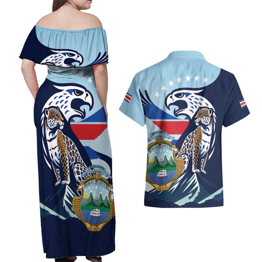 Costa Rica Jaguar Guaria Morada Couples Matching Off Shoulder Maxi Dress and Hawaiian Shirt