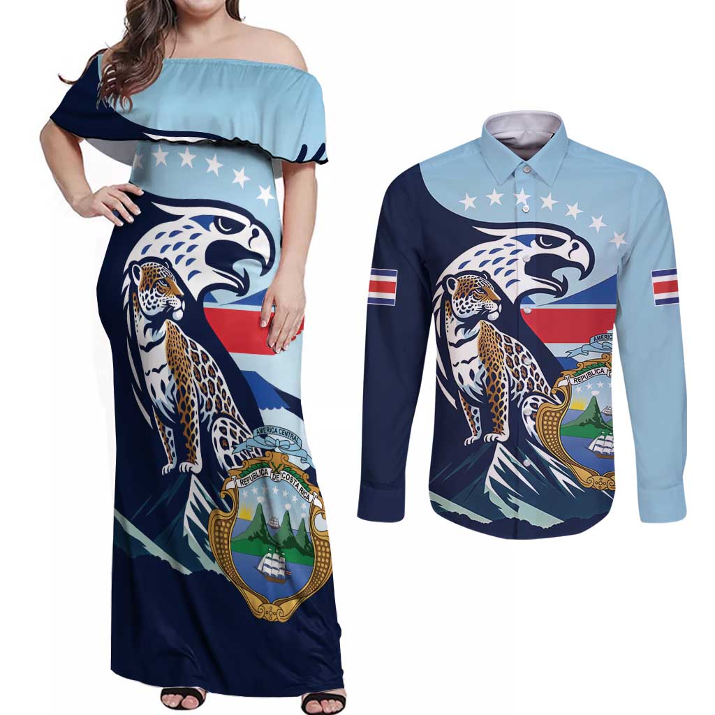 Costa Rica Jaguar Guaria Morada Couples Matching Off Shoulder Maxi Dress and Long Sleeve Button Shirt