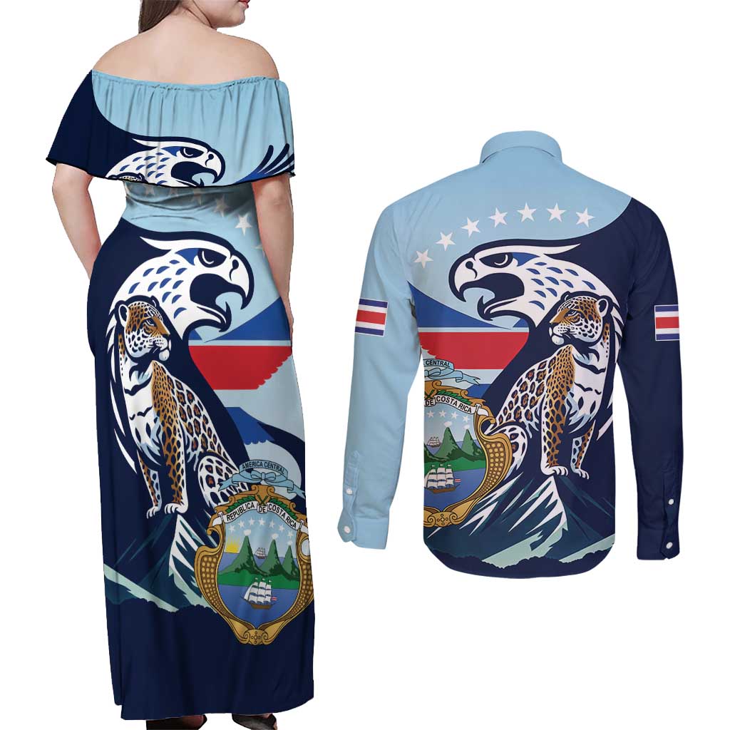 Costa Rica Jaguar Guaria Morada Couples Matching Off Shoulder Maxi Dress and Long Sleeve Button Shirt