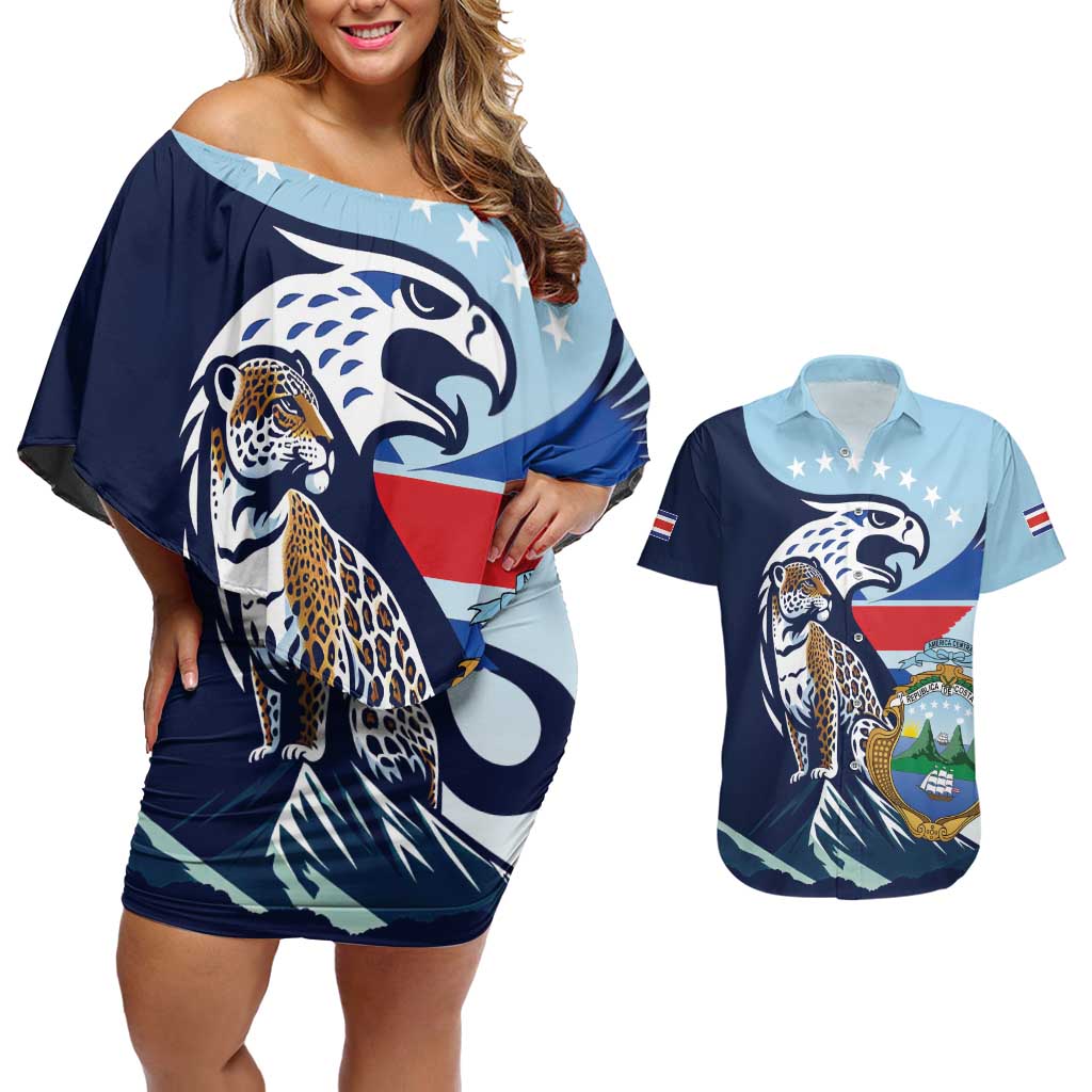 Costa Rica Jaguar Guaria Morada Couples Matching Off Shoulder Short Dress and Hawaiian Shirt