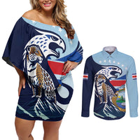 Costa Rica Jaguar Guaria Morada Couples Matching Off Shoulder Short Dress and Long Sleeve Button Shirt