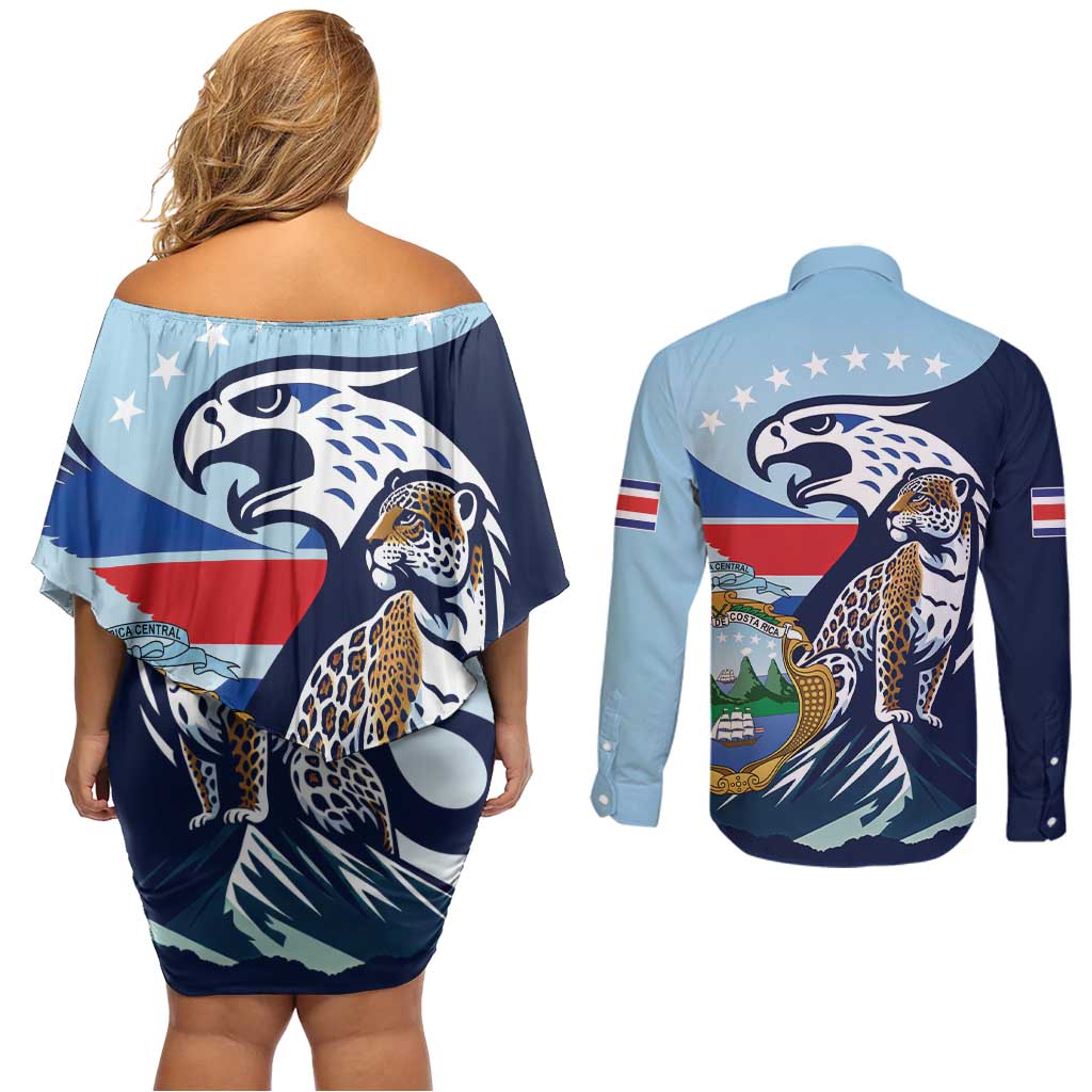 Costa Rica Jaguar Guaria Morada Couples Matching Off Shoulder Short Dress and Long Sleeve Button Shirt