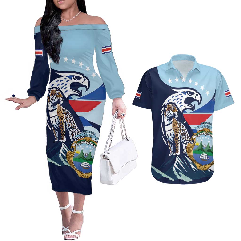 Costa Rica Jaguar Guaria Morada Couples Matching Off The Shoulder Long Sleeve Dress and Hawaiian Shirt