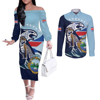 Costa Rica Jaguar Guaria Morada Couples Matching Off The Shoulder Long Sleeve Dress and Long Sleeve Button Shirt