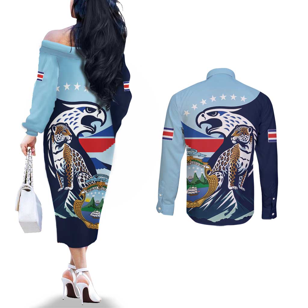 Costa Rica Jaguar Guaria Morada Couples Matching Off The Shoulder Long Sleeve Dress and Long Sleeve Button Shirt
