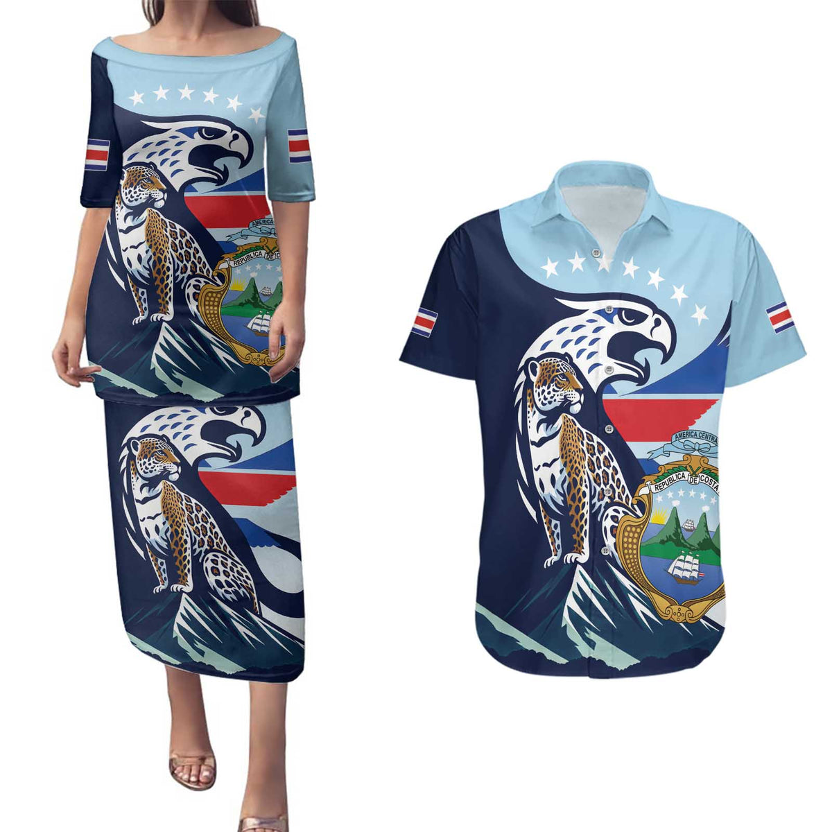 Costa Rica Jaguar Guaria Morada Couples Matching Puletasi and Hawaiian Shirt
