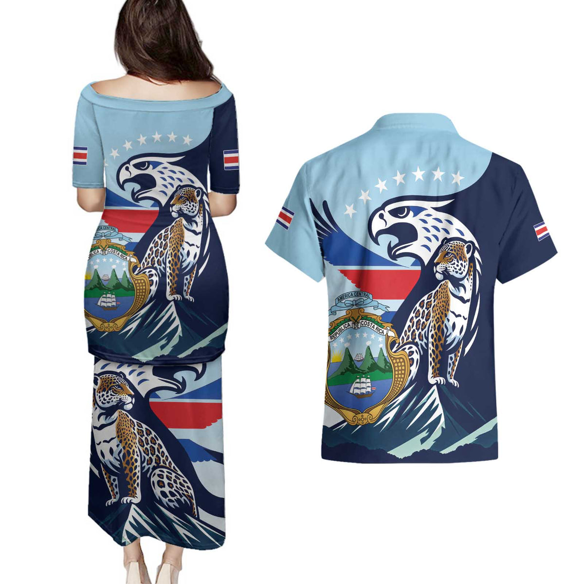 Costa Rica Jaguar Guaria Morada Couples Matching Puletasi and Hawaiian Shirt