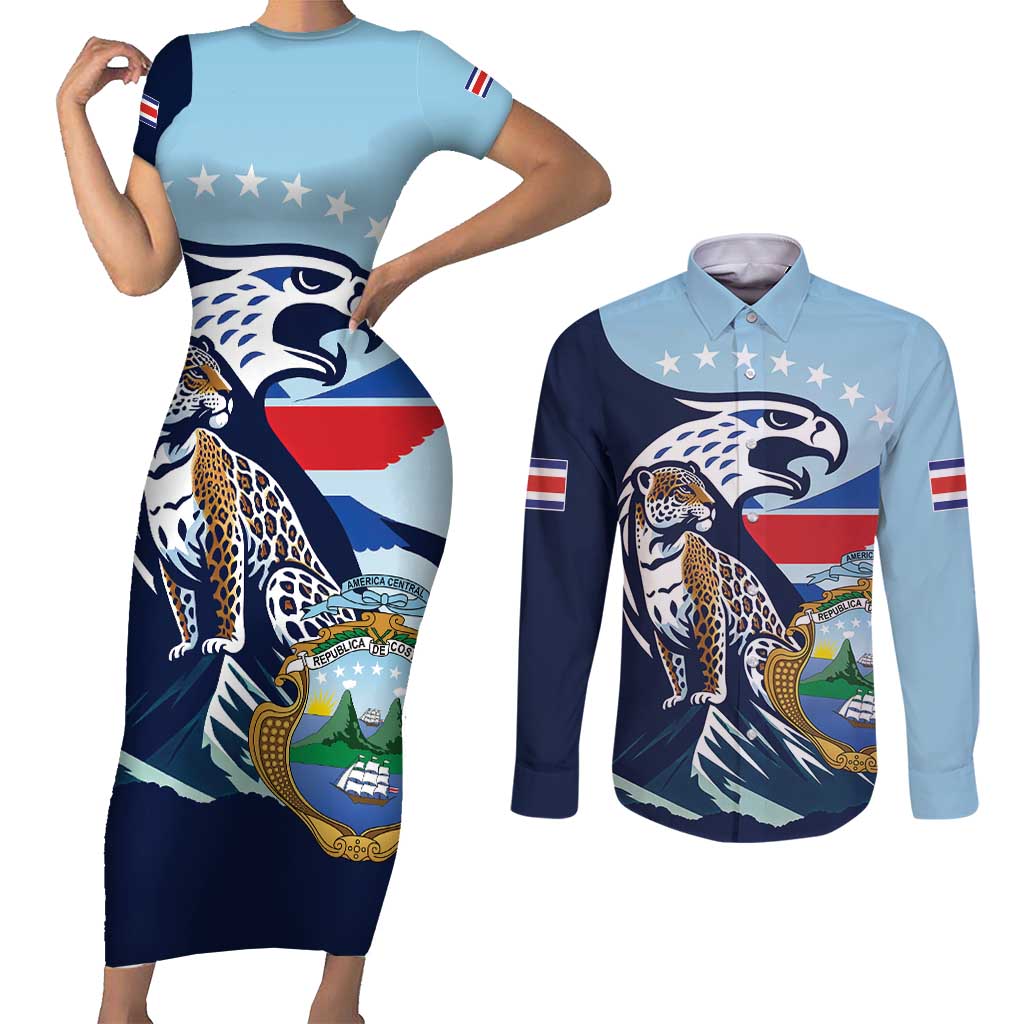 Costa Rica Jaguar Guaria Morada Couples Matching Short Sleeve Bodycon Dress and Long Sleeve Button Shirt