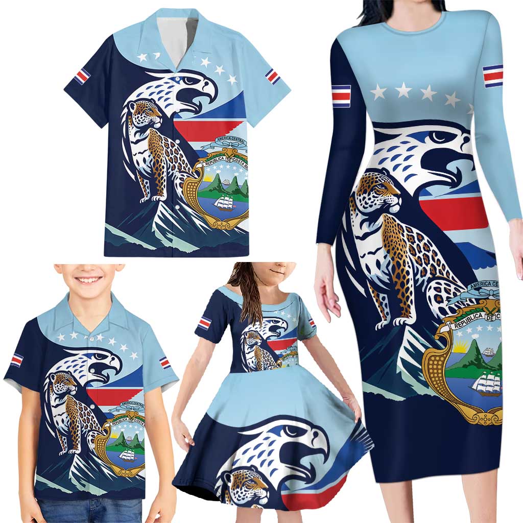 Costa Rica Jaguar Guaria Morada Family Matching Long Sleeve Bodycon Dress and Hawaiian Shirt