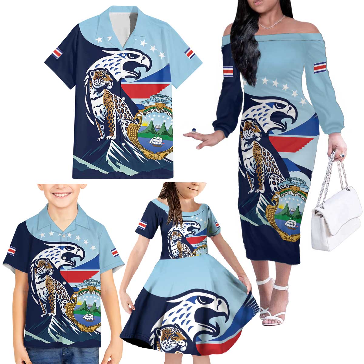 Costa Rica Jaguar Guaria Morada Family Matching Off The Shoulder Long Sleeve Dress and Hawaiian Shirt