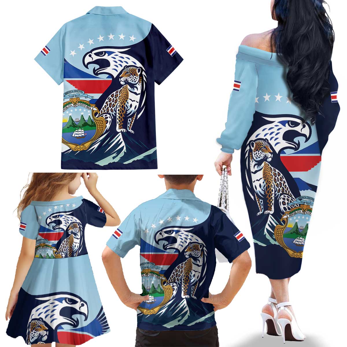 Costa Rica Jaguar Guaria Morada Family Matching Off The Shoulder Long Sleeve Dress and Hawaiian Shirt